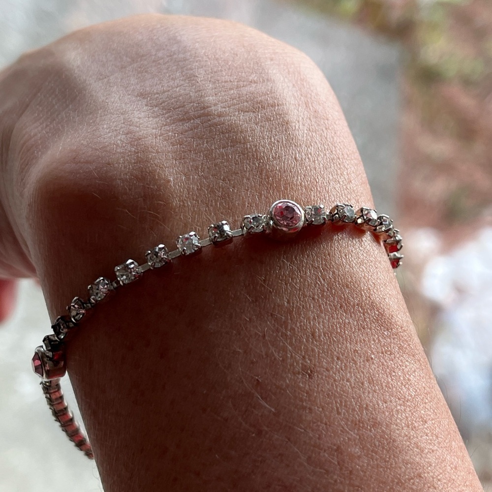 Vintage Pink & White Rhinestone Silver-Tone Bracelet - 7.5" - Picture 8 of 13